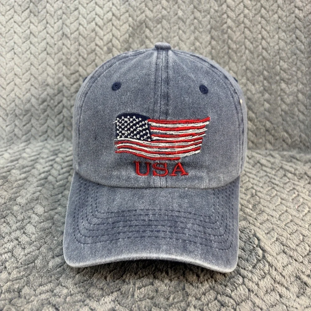 USA American Flag Embroidered Dad Hat Washed Blue Cotton Adjustable Baseball Cap